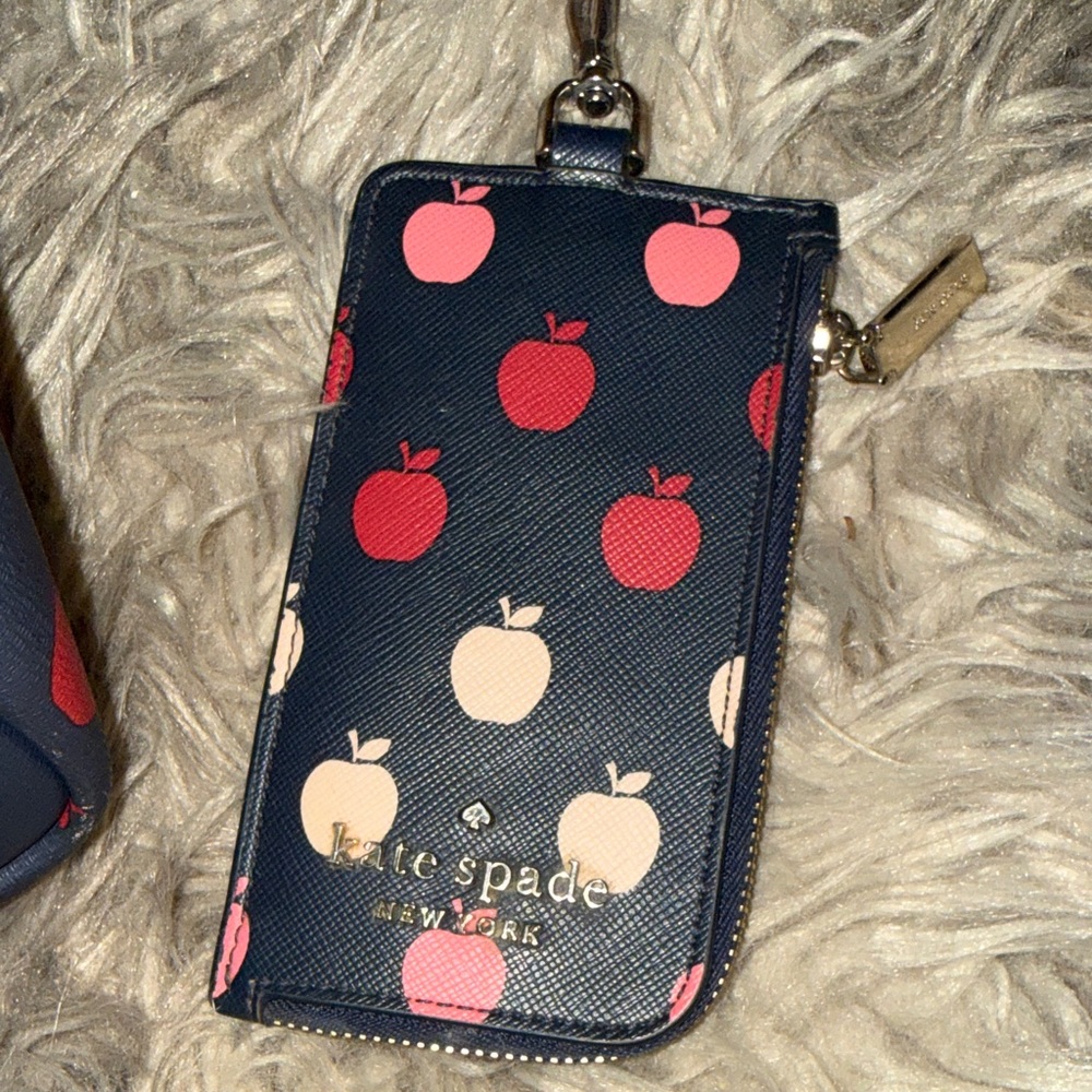 Kate Spade Navy Tote and Wallet with Red and Pink Apple Design - Picture 12 of 13